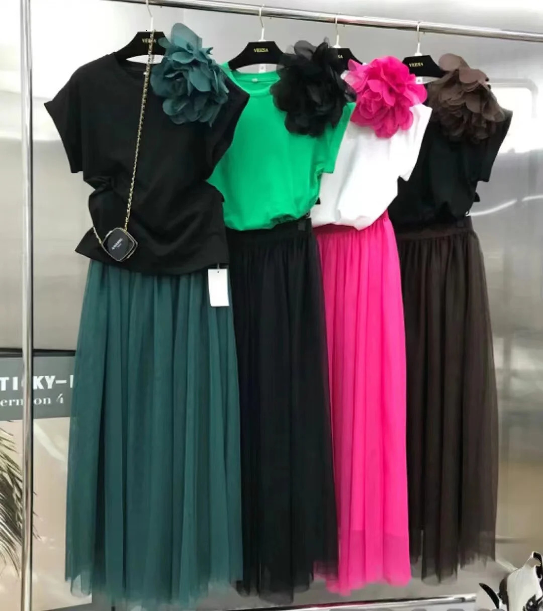 Summer Two piece Dress Set Womens Flower sewn Short sleeved Cotton TopElastic Waist Long Vacation Beach Dress 250109