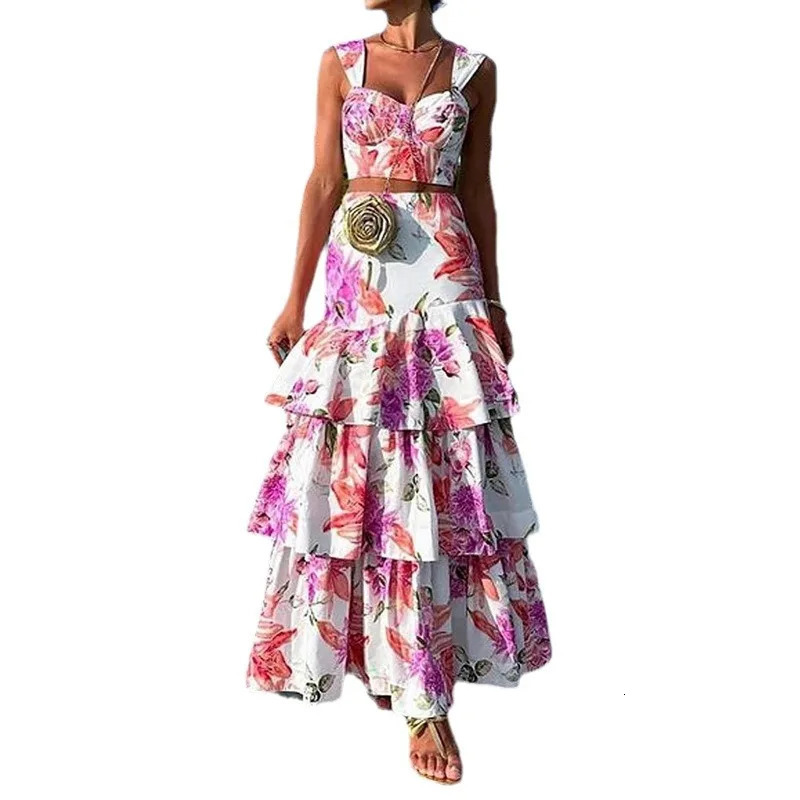 Skirt set for women two-piece printed floral dress set camisole short sleeved top vest cake long skirt sexy and elegant patchwork beach summer 250110