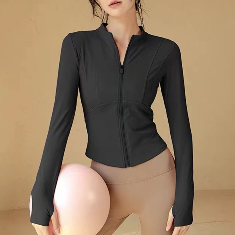 Yoga jacket women's high elasticity slim fit fitness zipper sports top versatile outdoor stand up collar long sleeved jacket straight leg elastic