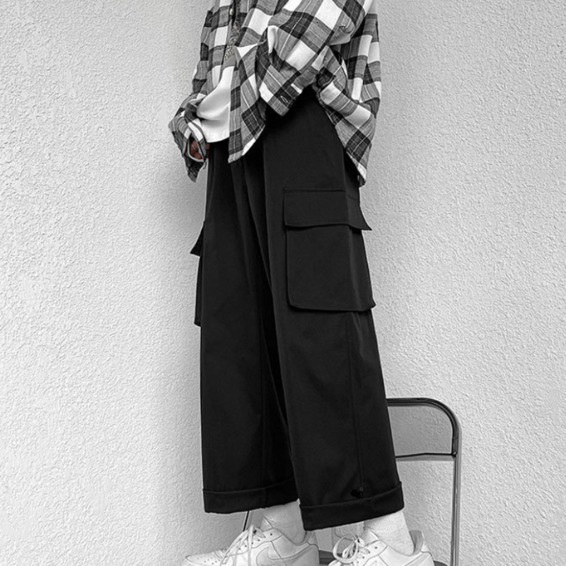 Fashion brand Japanese loose straight leg workwear pants for men's Instagram functional hip-hop wide leg cropped casual pants