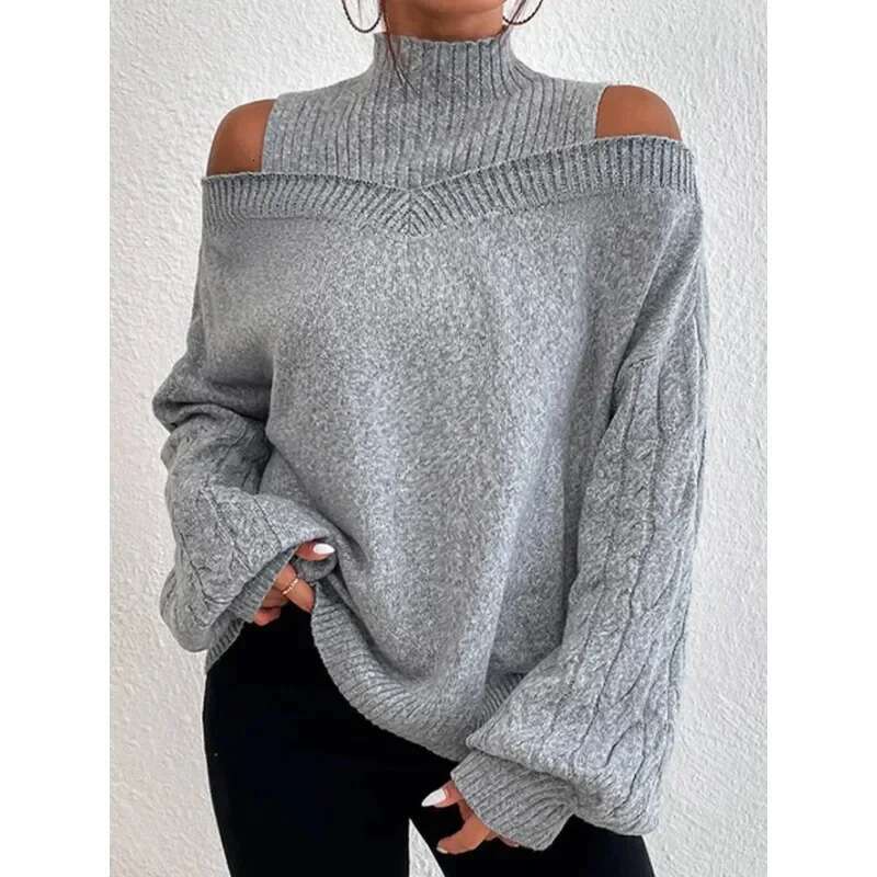Mandylandy Off Shoulder Sweaters Semi-Turtleneck Jumpers Pullovers Loose Large Long Sleeve Knitted Sweater For Women