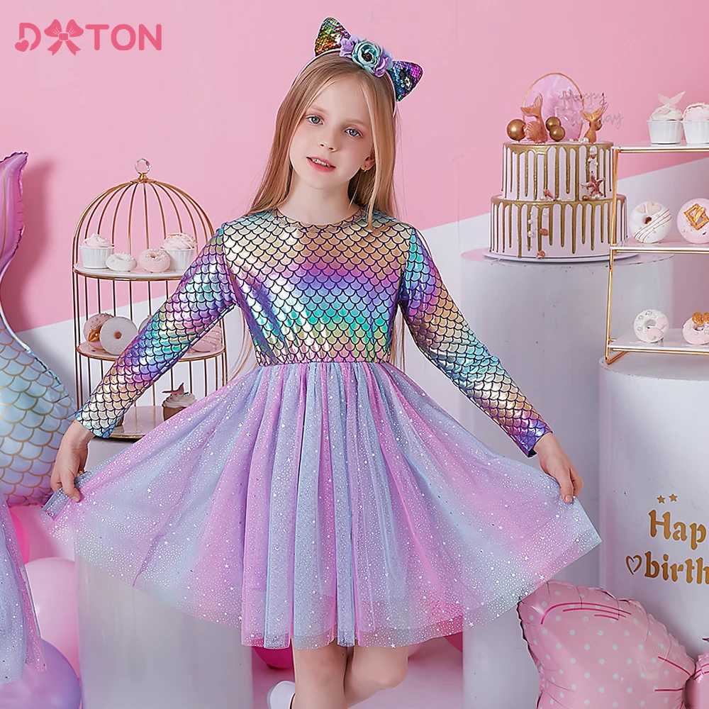 DXTON Childrens Princess Dress Girl Mermaid Printed Birthday Par Clothing Childrens Long Sleeve Tutu Dress Girl Clothing W250111