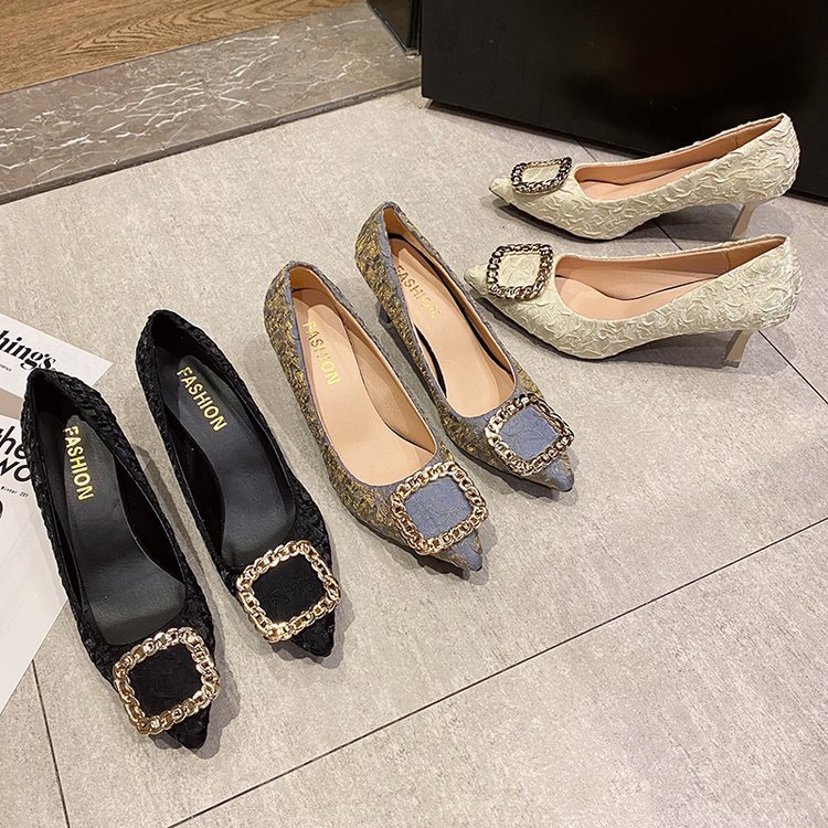 Women Dress Shoes Fashion High Heel New Trendy Pointed Toe Versatile Square Design Triple Black Apricot Blue Free shipping