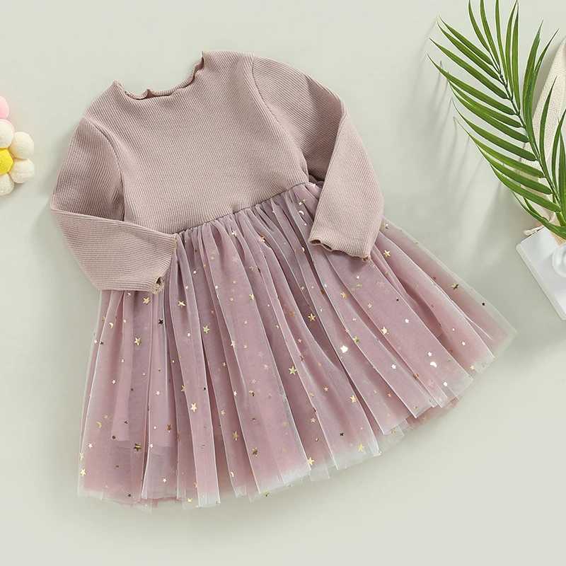 Girl sequin star moon pattern layered chiffon Tutu dress crew collar long sleeved autumn princess childrens casual dress W250111