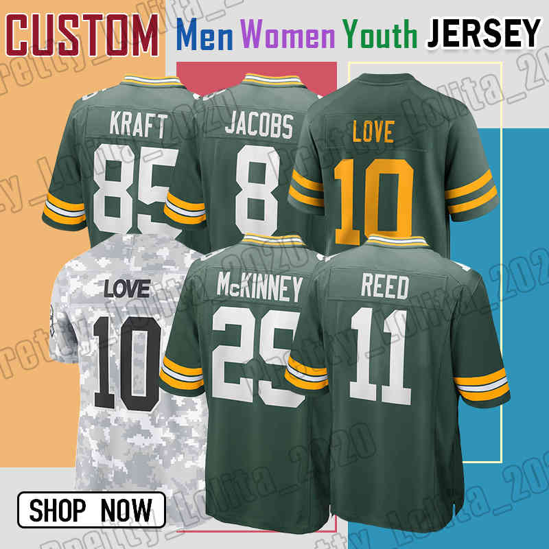 85 Tucker Kraft Football Jersey 8 Josh Jacobs 10 Love Xavier McKinney 4 Brett Favre Daniel Whelan Myers Zach Tom MarShawn Lloyd Isaiah McDuffie Karl Brooks Matt Orzech