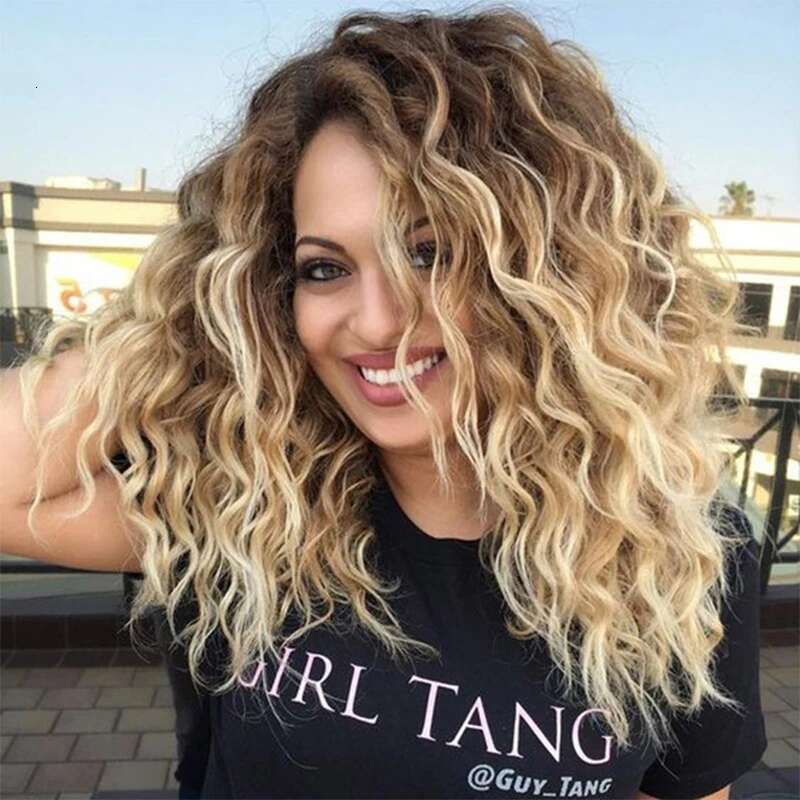 Womens Fashion Long Wavy Synthetic Hair Blonde Ombre Curly Wigs Fluffy Heat Resistant Fancy Dress Party For Lady Perucas