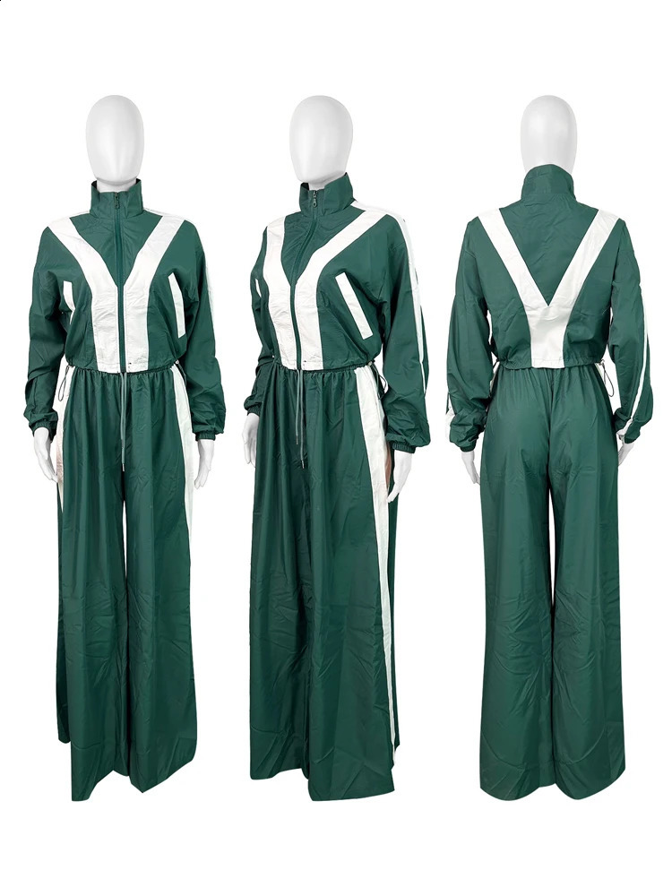 Color Contrast Women Sets Loose Casual Zip Up Jacket with High Waist Drawstring Wide Leg Pants Suit Street Sweatsuit 2 Piece Set 250109