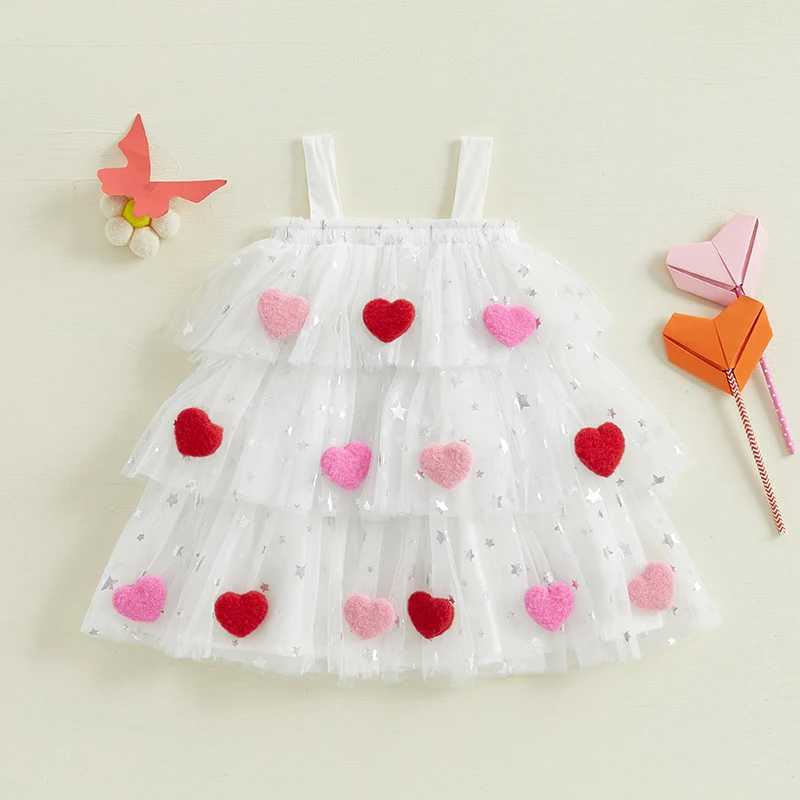 Childrens Girls Fashion Valentines Day Dress Star Printed Square Collar Sleeveless Layered Chiffon Dress with 3D Heart 1-9 Years W250111