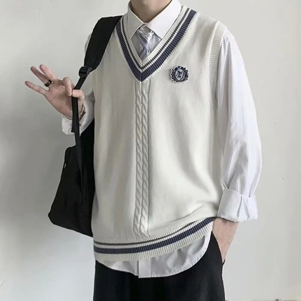College Style Sleeveless V Neck Sweater Vest Autumn Winter Patchwork Color Twist Men Knitted Daily Clothing 250107