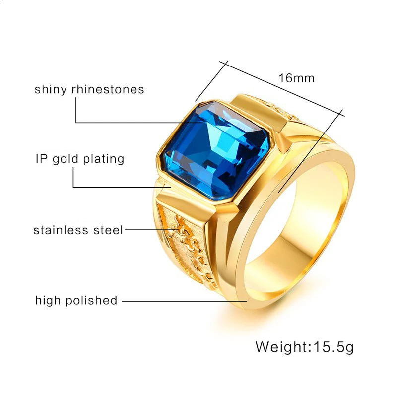 Classic Big Red/Blue Rhinestone Stone Rings For Men Jewelry Gold Color Stainless Steel Party Male Bands 250110