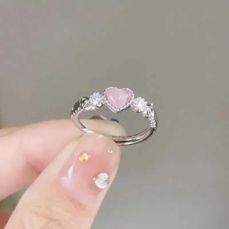 Popular Pink Cat Eye Stone Love Ring Ins Girl Cute Finger Ring Kpop Gothic Shining Zircon Open Adjustable Ring Jewelry W250111