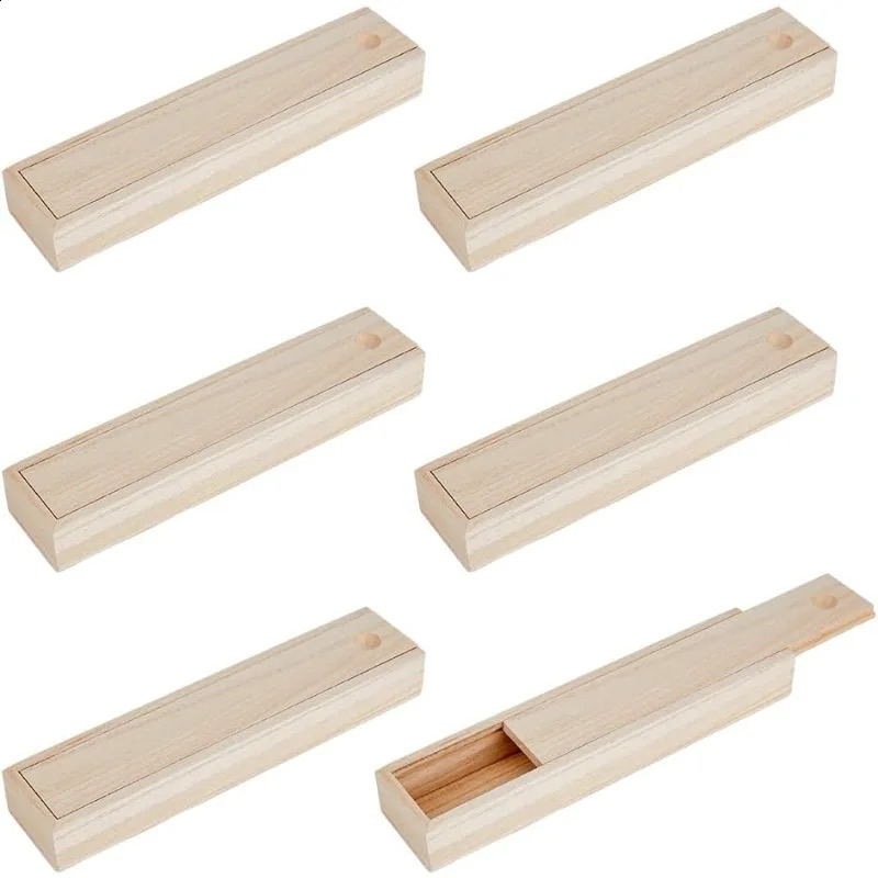 6Pcs Wood Box With Sliding Lid Small Wood Case Pen Box Rectangle Wooden Jewelry Box DIY Storage Chest Pencil Box for Christmas 250106