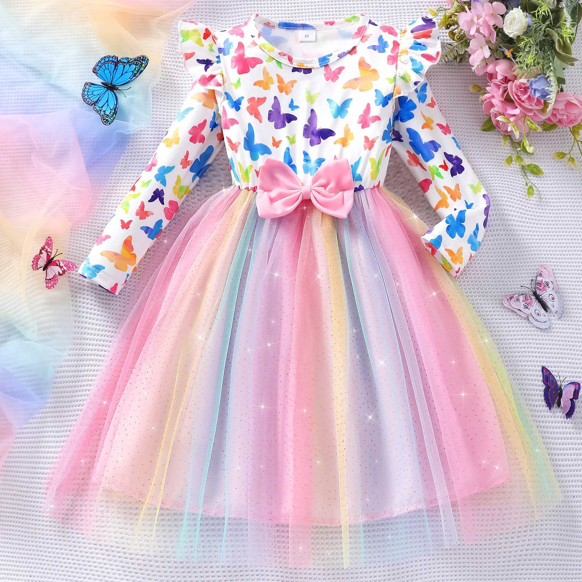 Girls long sleeved round neck rainbow silk screen dress W250111