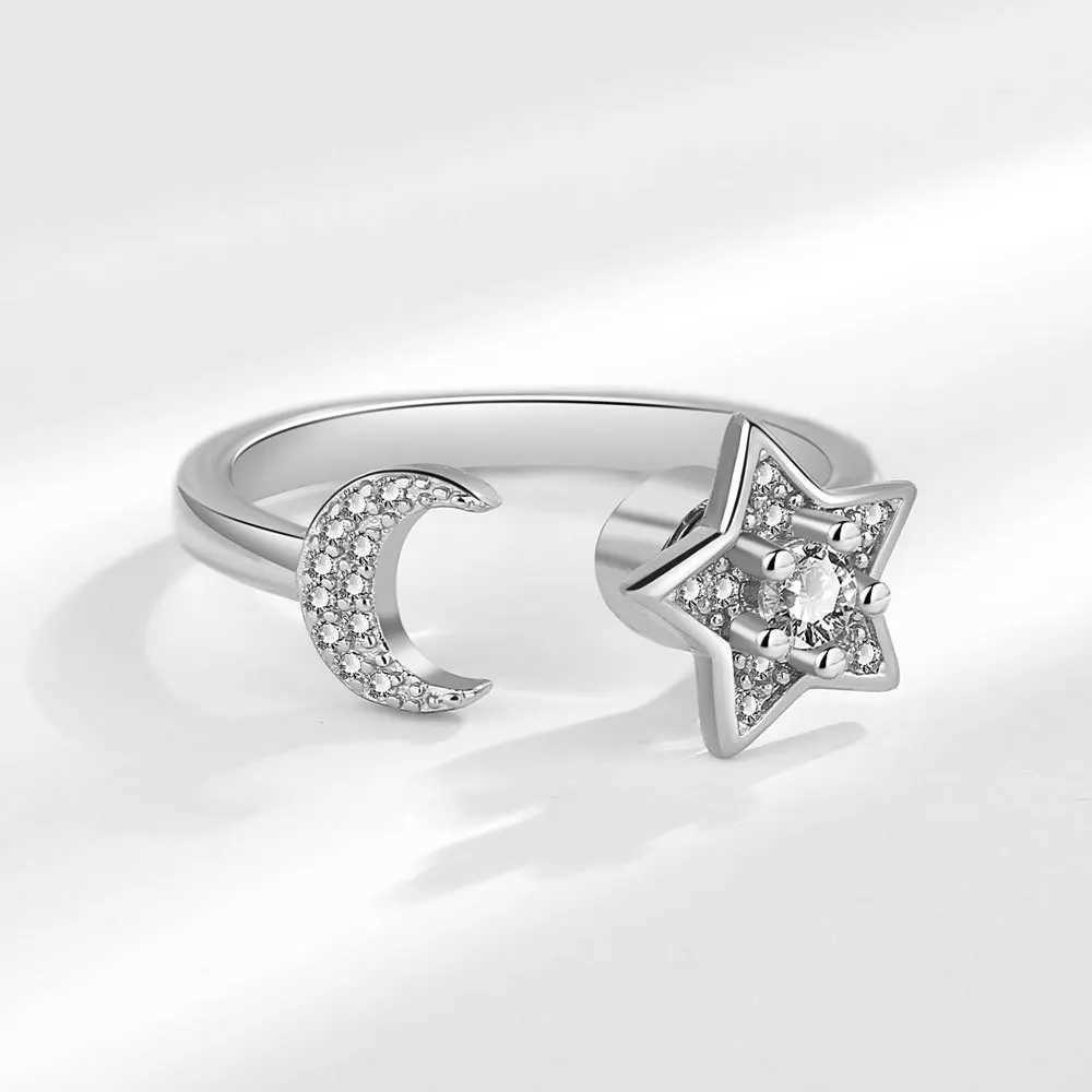 Ventilate 925 sterling silver moon and star zircon rotating ring womens gift diamond decompression ring jewelry wholesale W250111