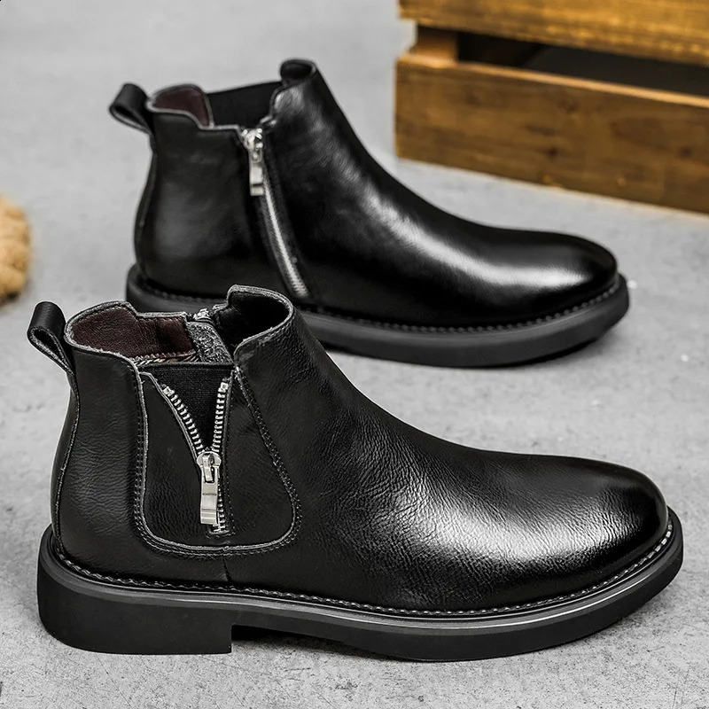Vintage Zip n Men Business Casual Chelsea Boots High Quality Slip on Men Ankle Boots Soft Leather Non-slip Men Winter Shoes 250106