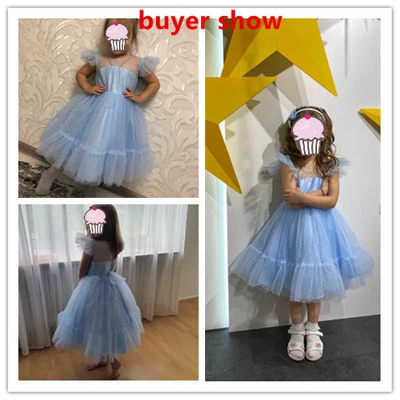 4-10T Girl Princess Dress Childrens Short Sleeve Dot Birthday Tulle Tutu Evening Dress Par Clothing Childrens Baby Blue Casual Clothing W250111