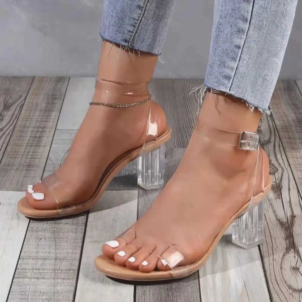 New Arrival Womens PVC Jelly Crystal Thick High Heel Transparent Sandals Fashionable and Sexy Summer High Heel Sandals Womens Pump Zapatillas Mujer T2