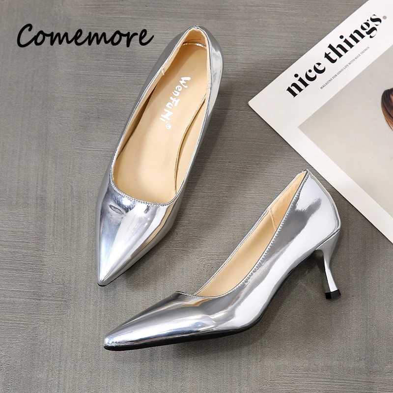 New Arrival Comemore Womens Pointe Toe Gold Silver Pump Womens Wedding Bridal Shoes Fashion Womens Patent Leather High Heels Plus Size 45 T250110