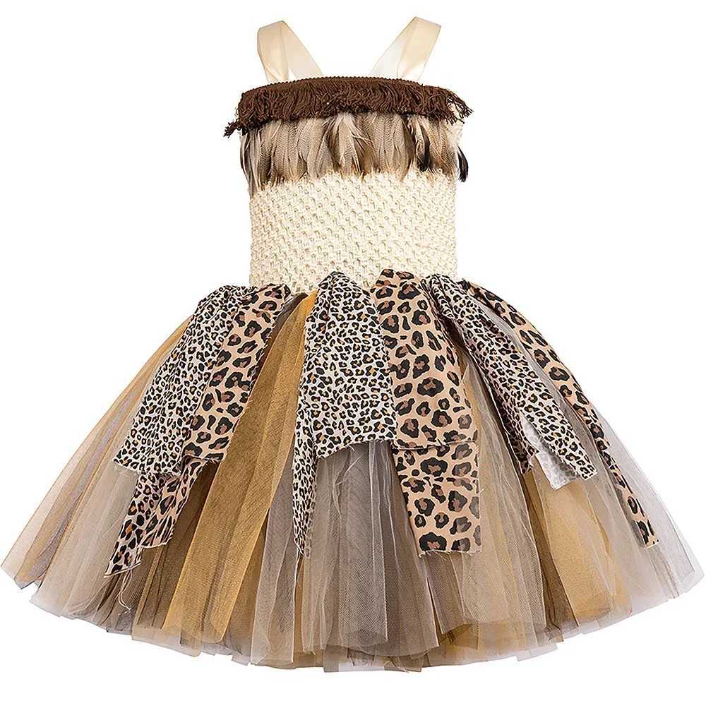 Savage Primitive Caveman Tutu Girl Dress Leopard Indian Indigenous Cave Girl Costume Childrens Halloween Carnival Par Costume W250111