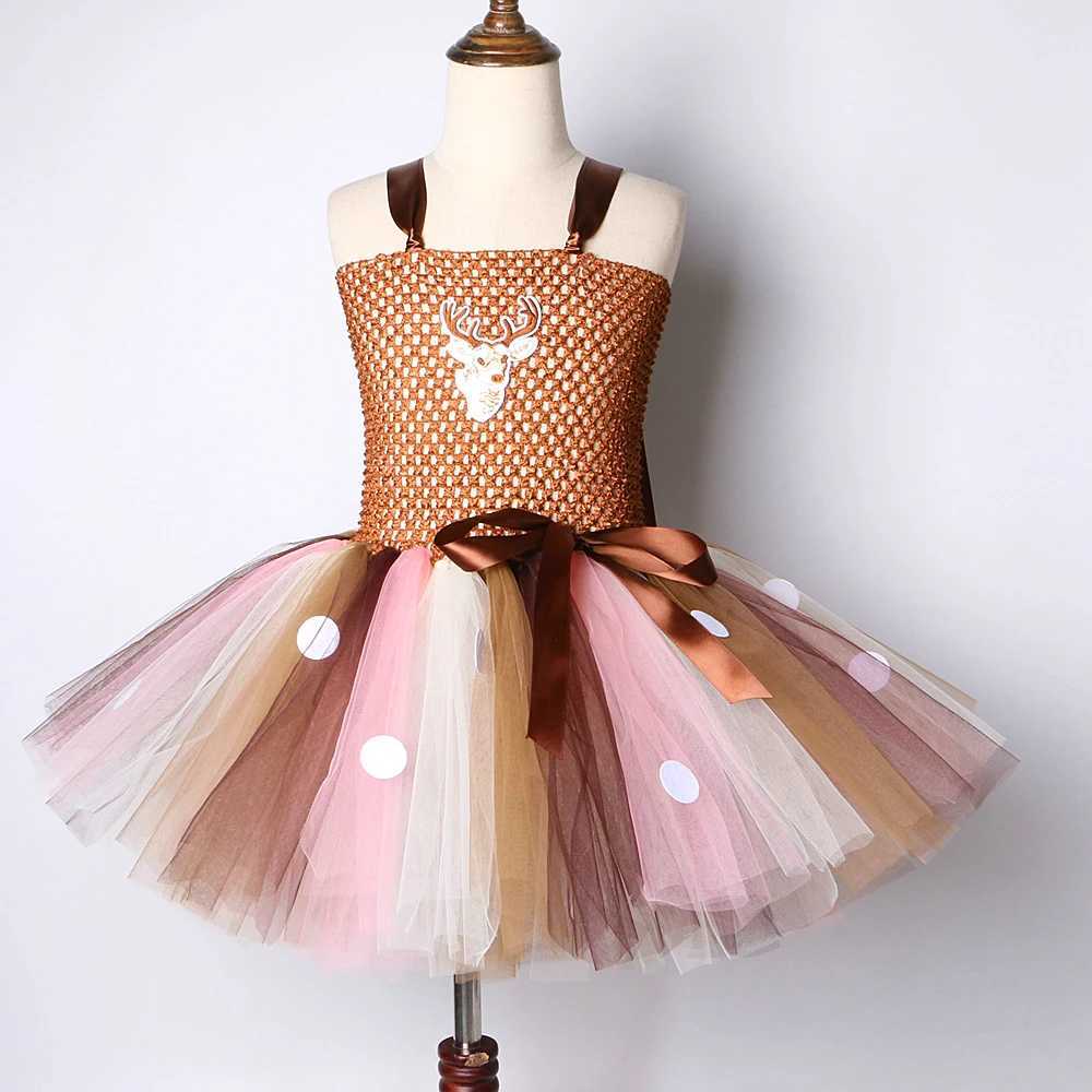 Brown Deer Tutu Girls Dress Christmas Halloween Costume Childrens Reindeer Princess Dress Knee Length Christmas Childrens Clothing W250111