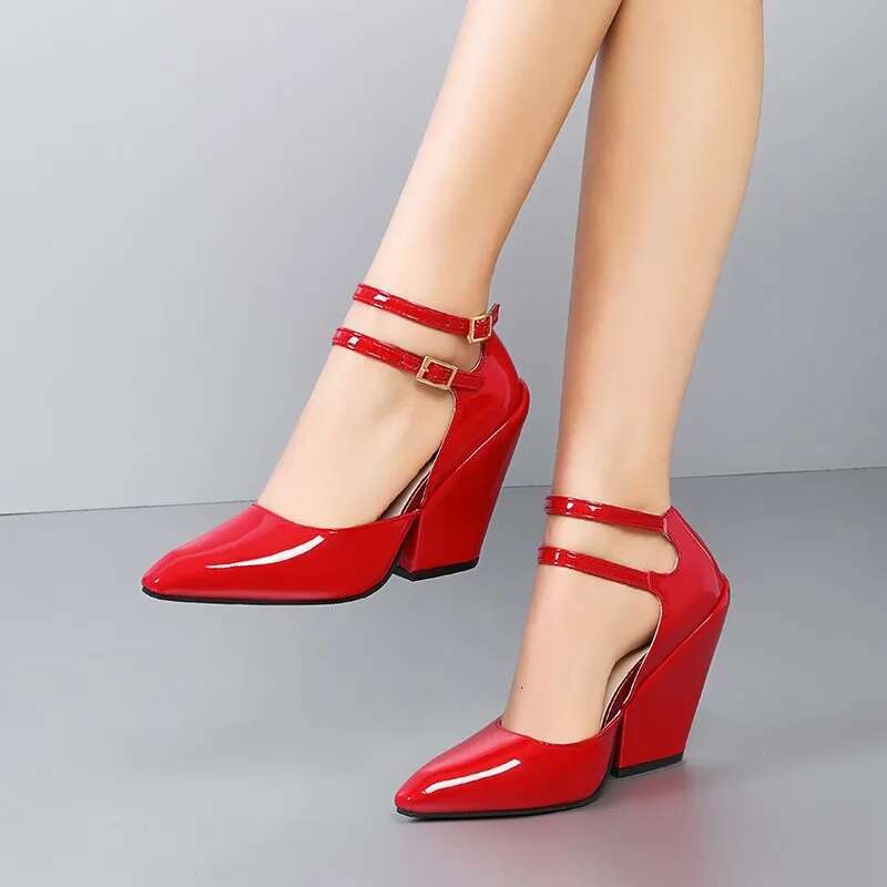 Red Pointed Sandals With Wedge Women's Summer New Leather High Heeled Elegant Shoes For Women 2024