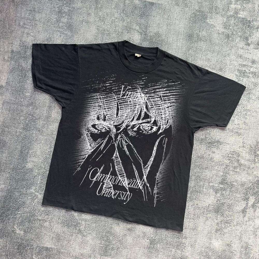 Inspiration American washed vintage anime printed short sleeved T-shirt casual versatile