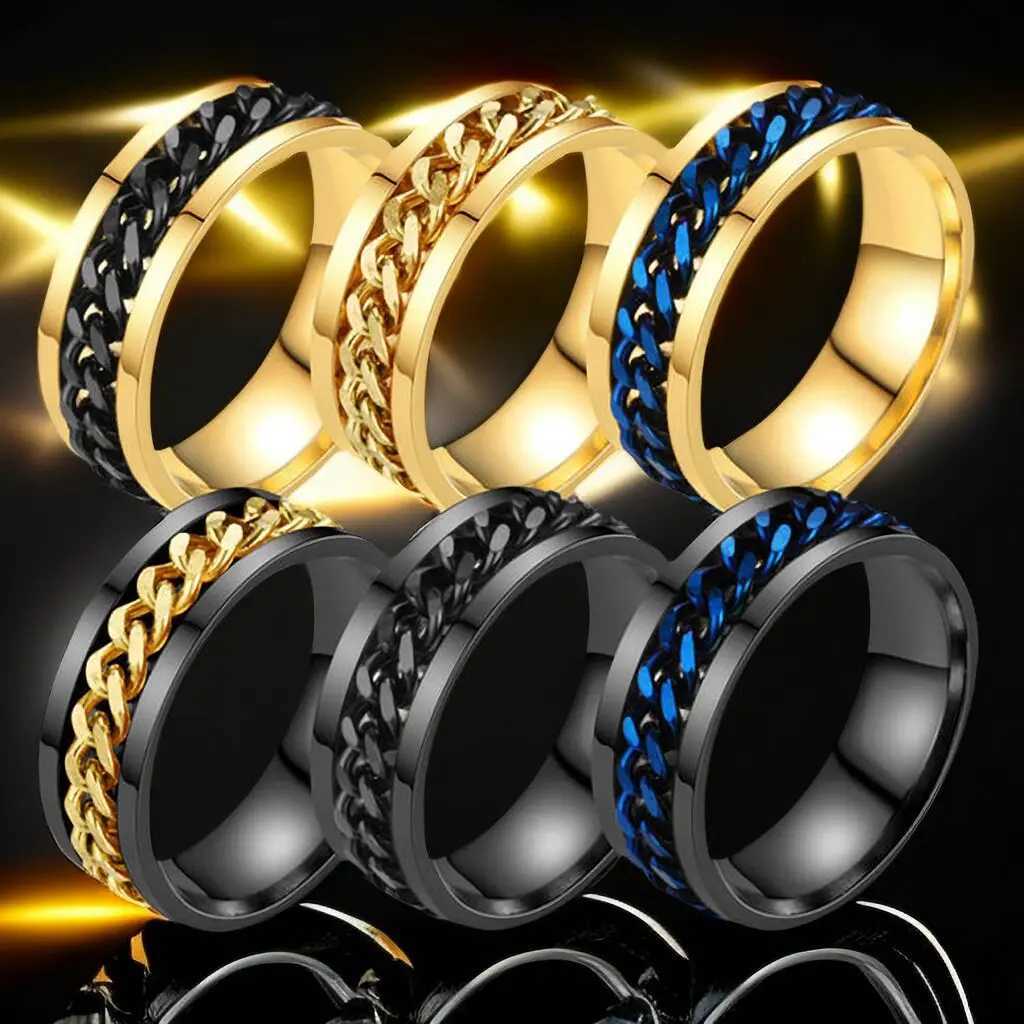 Anxiety Fidget Spinner Mood Rings 8mm Male Stainl Steel Spinning Rotating Cuban Chain Ring for Men Punk Anti Str JewelryXJ250110