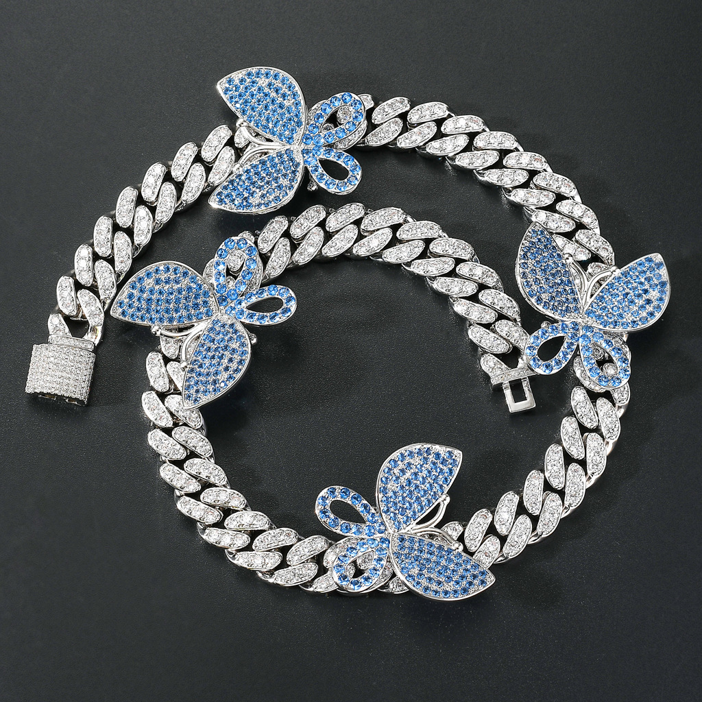 New 18mm pink white zircon s thorns Cuban chain bracelet spring buckle Butterfly necklace