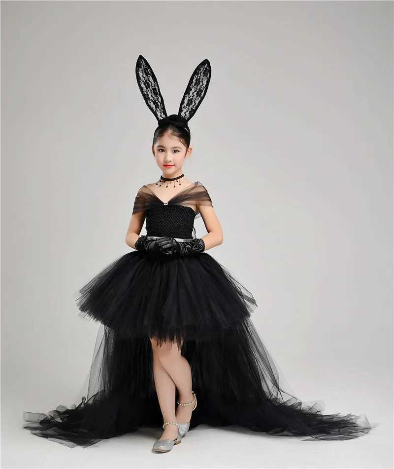 POSH DREAM 4-piece Dress Headband Necklace Gloves Girl Black Princess Tutu Dress Train Gaul Black Girl Halloween Par Dress W250111