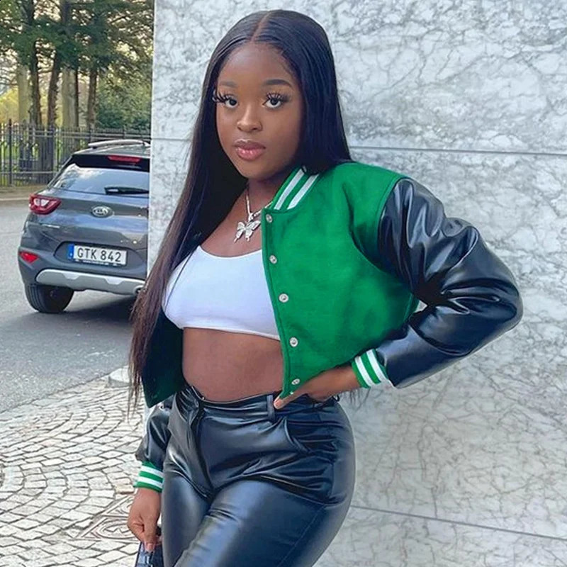 Fashion Leather Varsity Jacket Women Hipster Patchwork Autumn Casual Sporty Pink Streetwear Uniform Trend Crop Tops Coats 250109