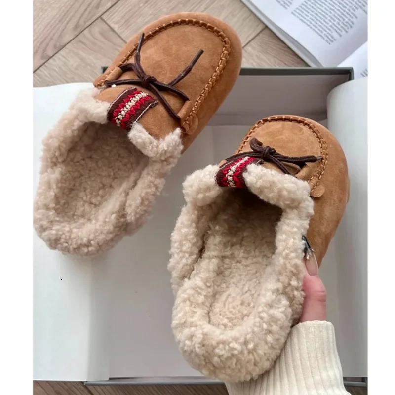 Bow Suede Platform Fur Slippers Women Flats Warm Mules Shoes Plush Cotton Flip Flops 2025 Winter Casual Fashion Women Shoes 250106