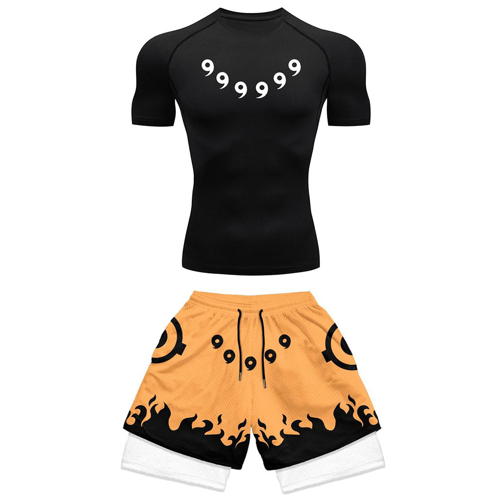Men's Workout Compression Set Anime Printed Gym Tshirts Breathable Running Shorts Quick Dry Sports Rash Guard Sportwear Set