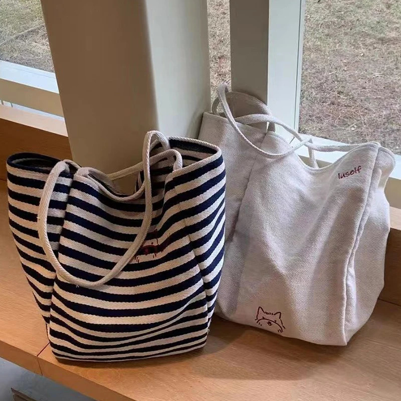 Striped Canvas Bag Large Capacity Single Shoulder Shopping Bag Tote Bag 250106