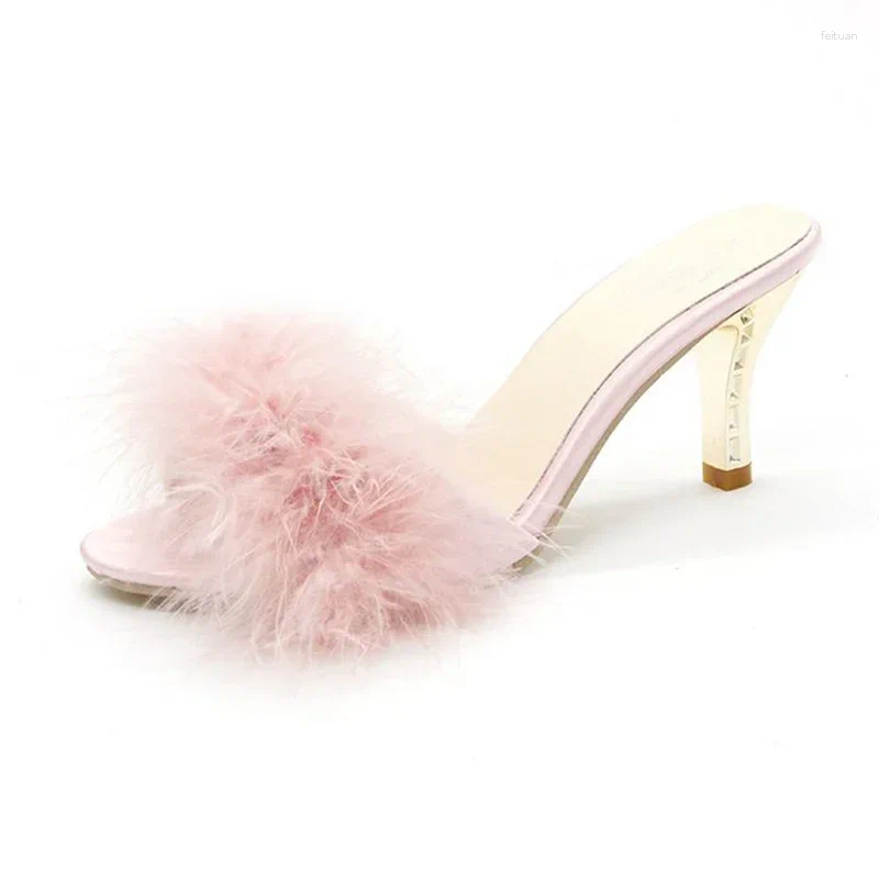 Slippers Women Summer 2025 Fashion Hairy Stiletto Sandals Word Drag Open Toe Wear High Heel