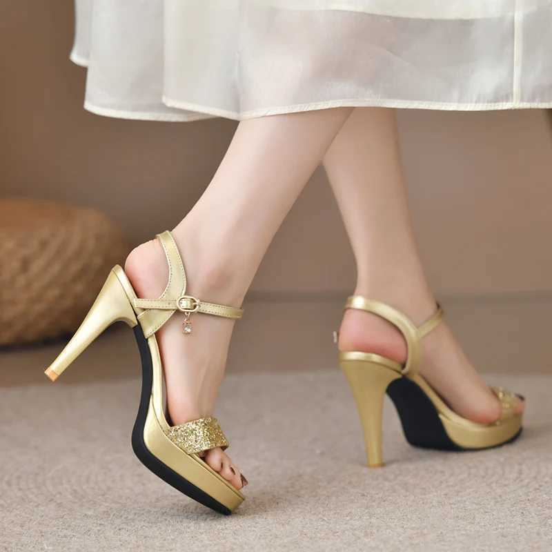 New Arrival Gold silver and sparkling womens high heels for summer with a platform pump and foot strap. Womens sexy slim high-heeled party shoes T2501
