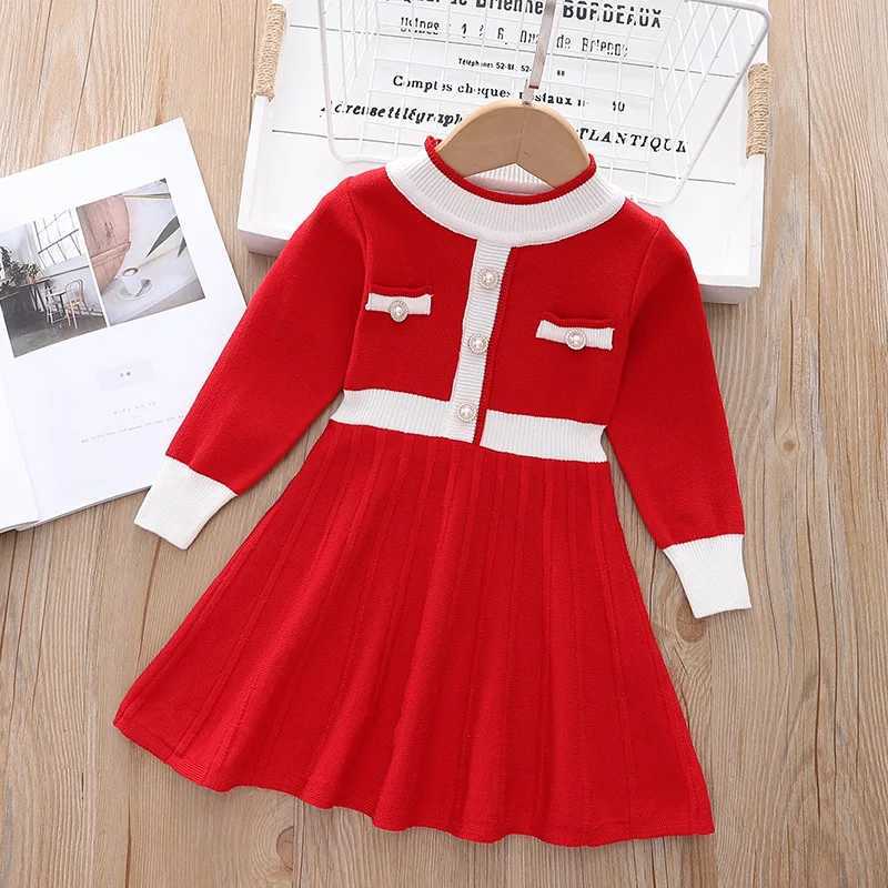 2025 Childrens Girls Spring and Autumn Dress Exquisite Pearl Round Neck Childrens Girls Frog Color Comparison Knitted Childrens Girls Dress W250111