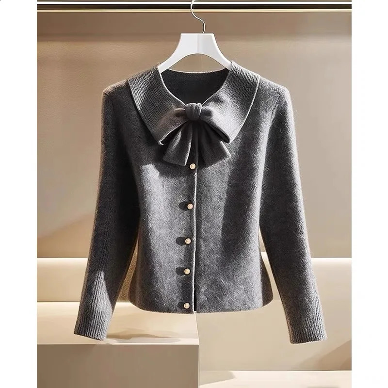 Women Knitwear Temperament Slim Bow O-neck Sweaters Autumn Winter Elegant Thick Warm Solid Knitted Cardigan 250106
