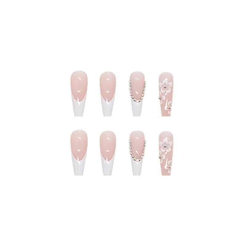 24pcs False Nails With Glue Flower Design Long Coffin French Ballerina Fake Nails Full Cover Acrylic Nail Tips Press On NailsXJ250110