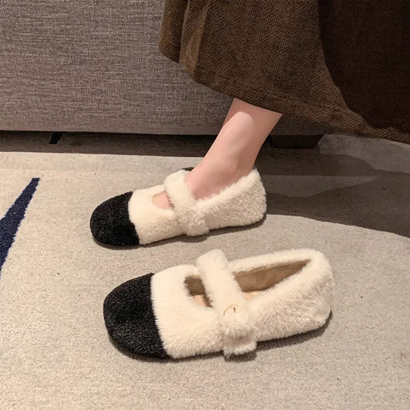 Fashion Square Toe Fluffy Ballet Flats Woman 2025 Winter Warm Plush Loafers Ladies Comfort Fur Mary Jane Shoe Zapatos 250106