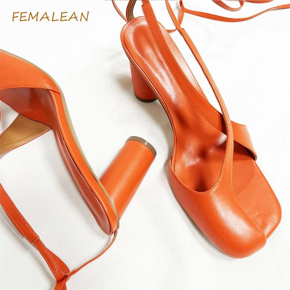 2024 Summer Party Prom Square Toe High Heels Buckle Long Straps Casual Black Sandals Unsymmetrical Split-toe Shoes For Women