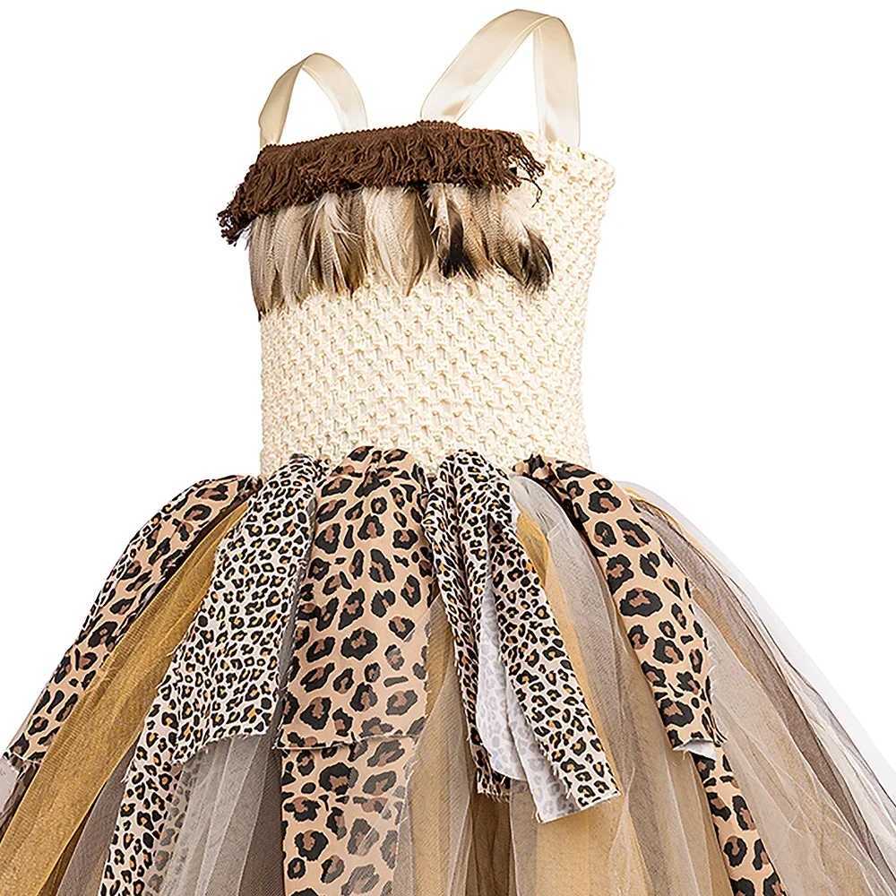 Savage Primitive Caveman Tutu Girl Dress Leopard Indian Indigenous Cave Girl Costume Childrens Halloween Carnival Par Costume W250111