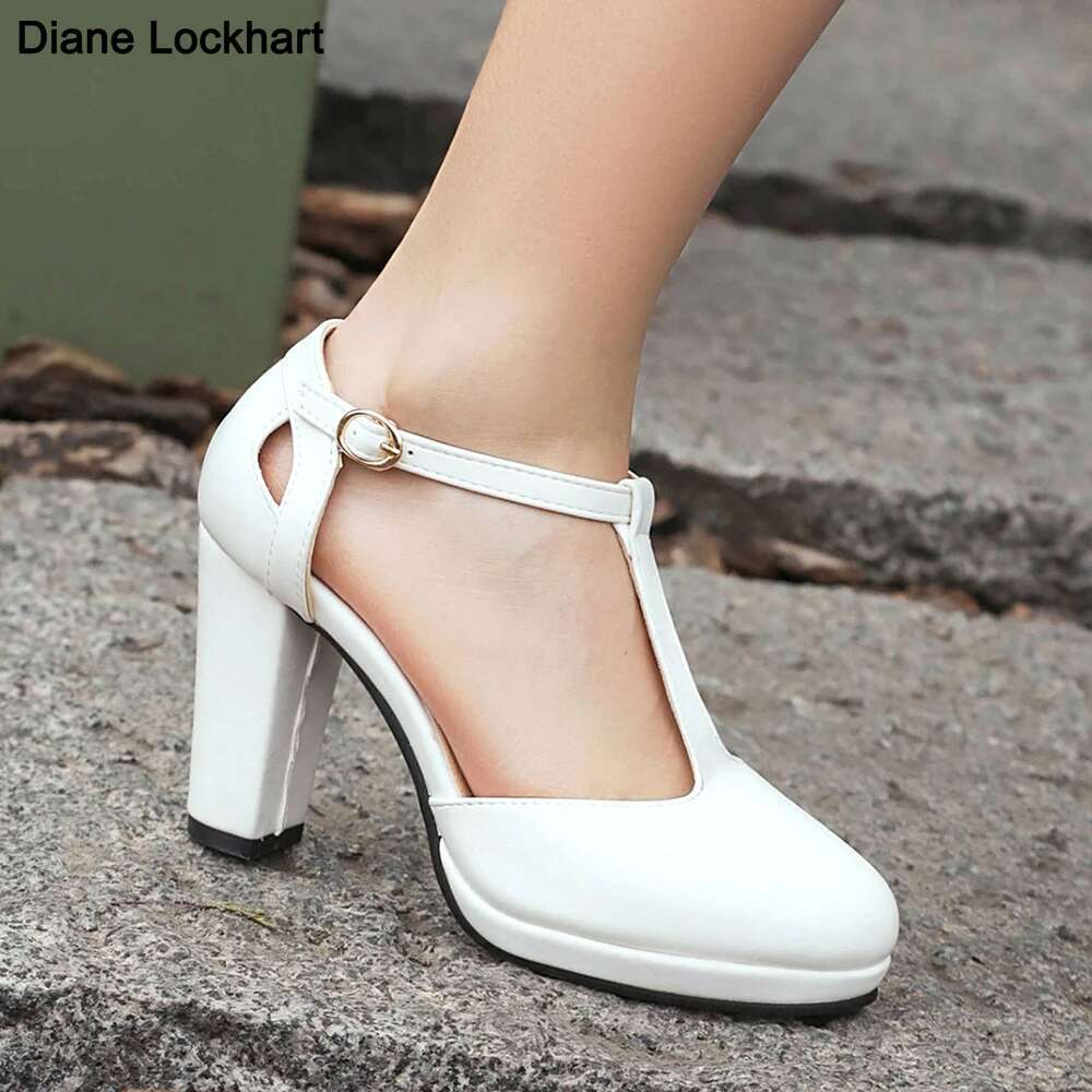 Plus Size 40 43 High Heel Shoes Round Toe Heels Retro Womens Platform Pumps With Party Wedding Footwear T Strap Female Sandals