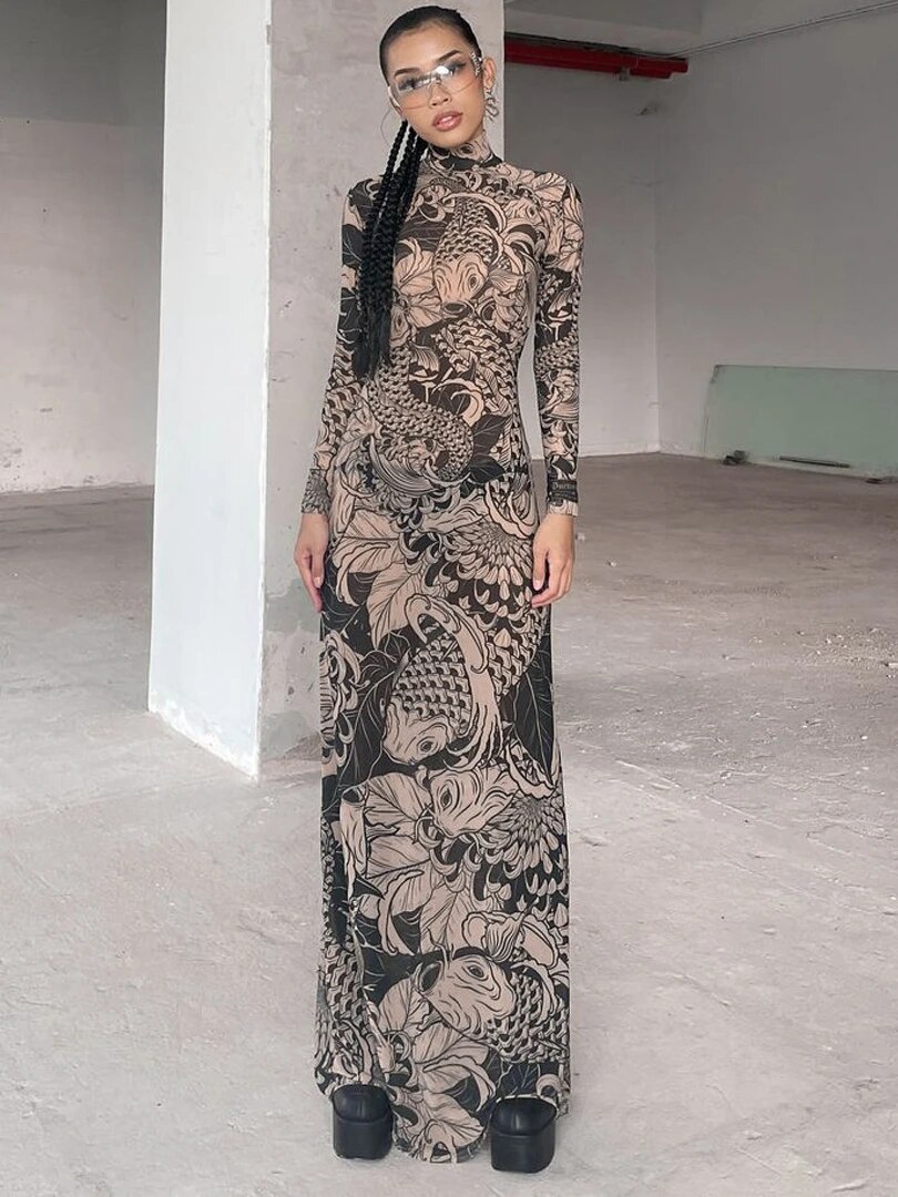 Hawthaw Women 2023 Autumn Winter Long Sleeve Mesh See Through Streetwear Bodycon Long Dress Wholesale Items For Business