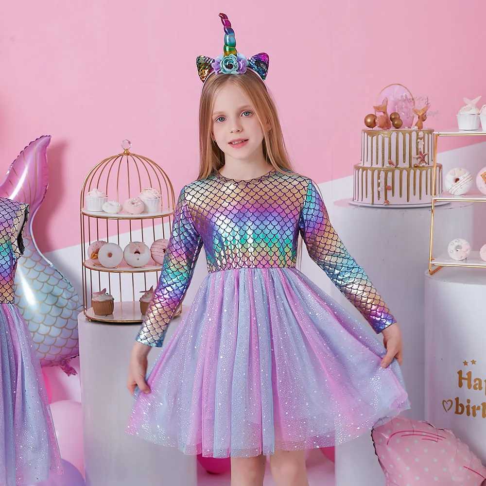 DXTON Childrens Princess Dress Girl Mermaid Printed Birthday Par Clothing Childrens Long Sleeve Tutu Dress Girl Clothing W250111