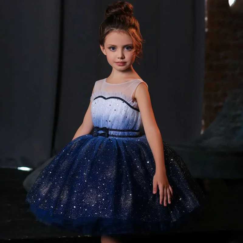 New girl Gauze princess fluffy dress sequins gradient blue Tutu par dress officially communicated maintenance evening dress girl W250111