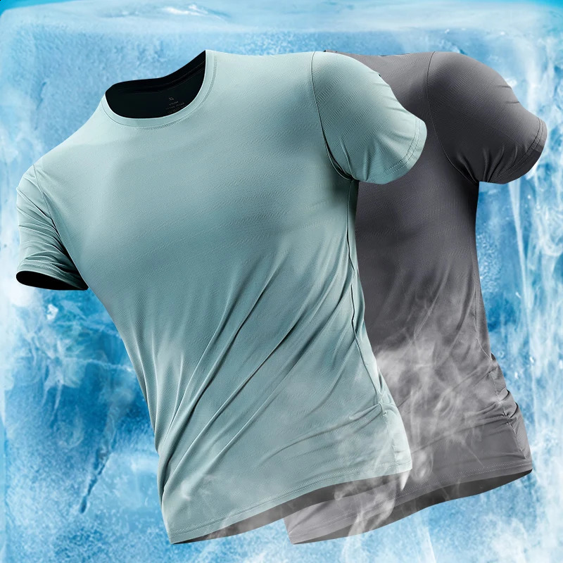 Summer short sleeved Tshirt for mens sports thin ice silk quick drying round neck shirt fitness running training suit 250108