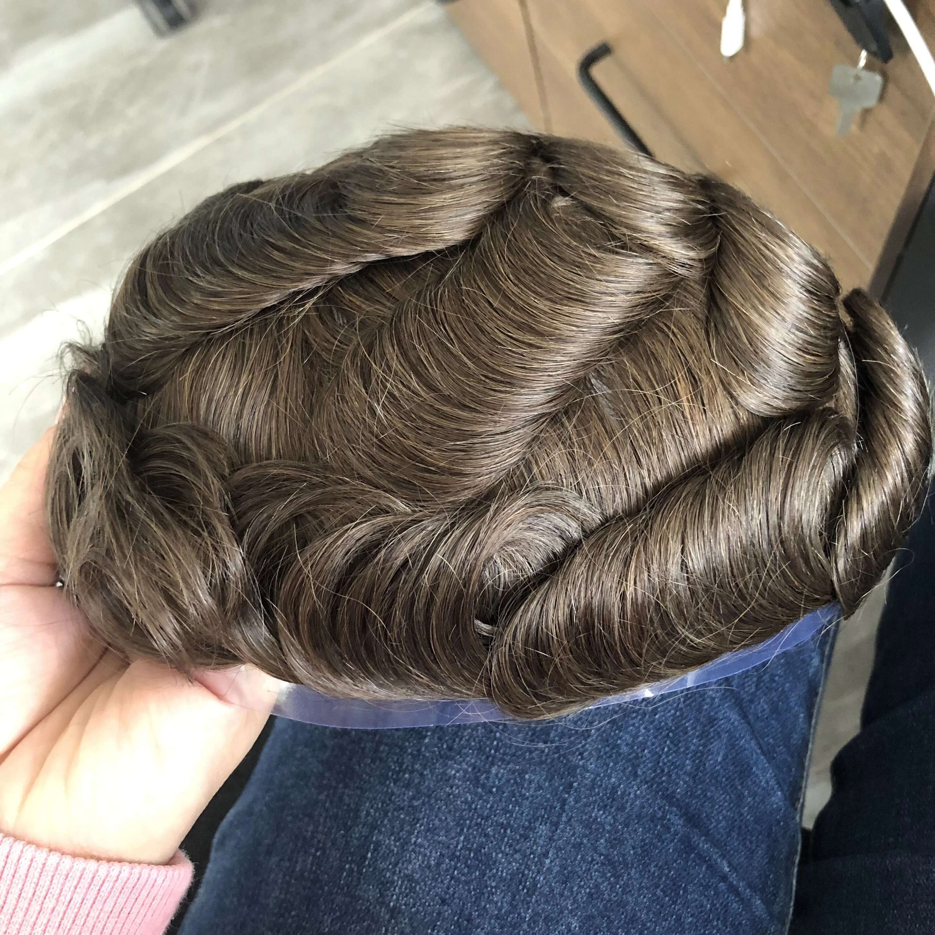 100% Human Hair Men Toupee Natural Haire Full Skin Pu Base Durable Thin 0.1Mm Male Wigs Replacement Unit Capillary Prosthesis