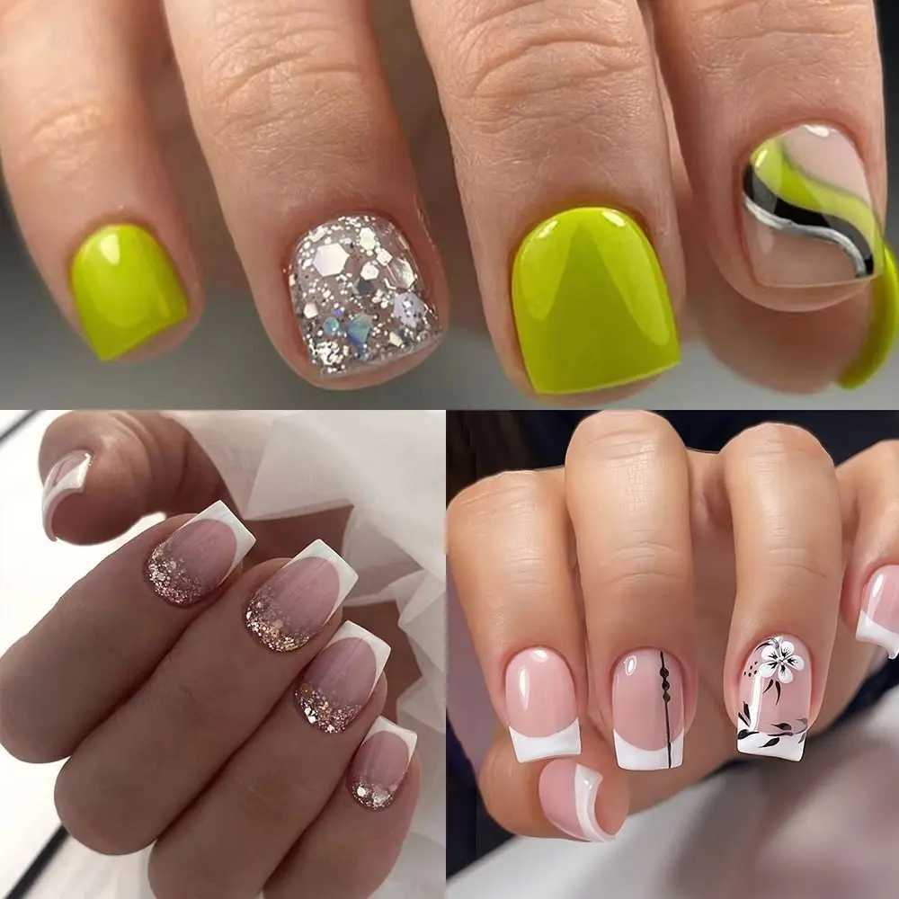 24pcs Short Square False Nails French Shining Crystal Glitter Ink Wavy Full Cover Detachable Nail TipsXJ250110