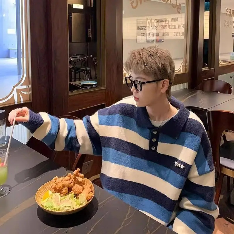 College style polo neck knitted sweater for men and women autumn and winter retro striped lazy style sweater trend Y2K 250109