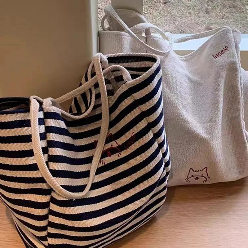Striped Canvas Bag Large Capacity Single Shoulder Shopping Bag Tote Bag 250106